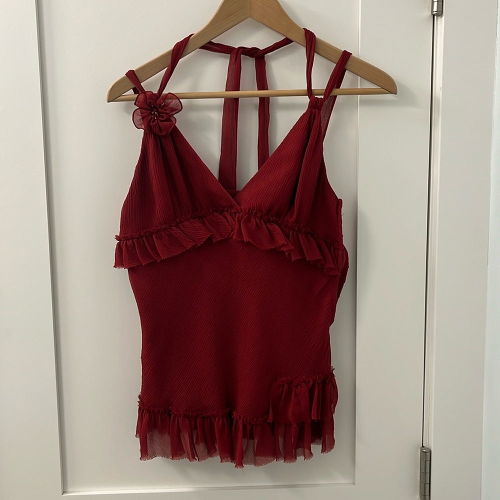 BCBGMaxAzaria wine red 100% silk halter top size M
